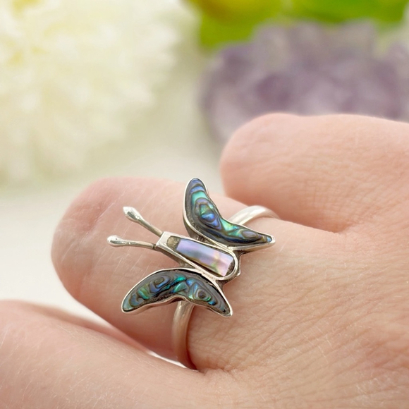Southwest Jewelry - Vintage Sterling Silver 925 Southwest Abalone Butterfly Ring Size 5 6 7 7.5